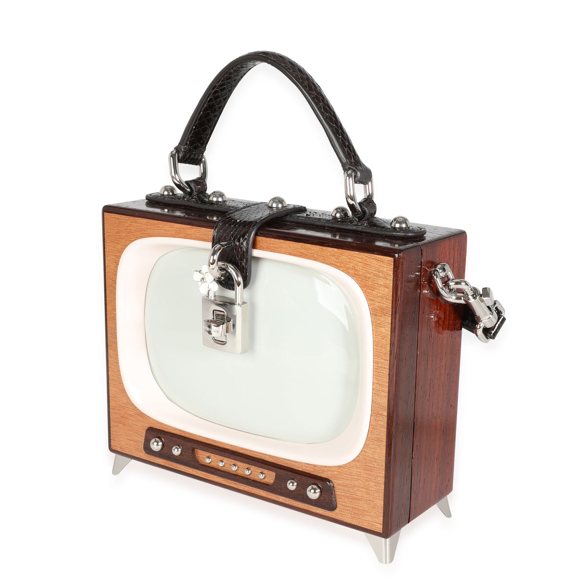 Hand Painted Wooden TV Box Bag with Snakeskin Strap
