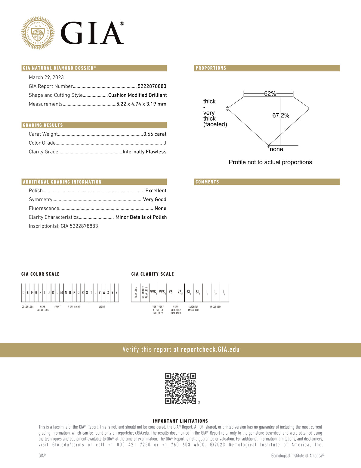 GIA Certified 0.66 Ct Cushion cut J IF Loose Diamond