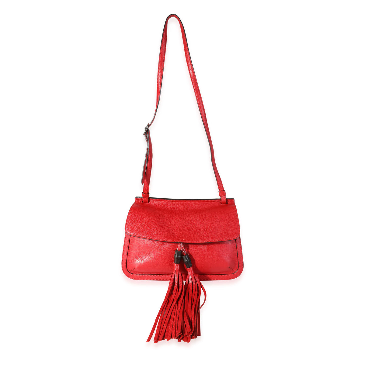 Red Pebbled Calfskin Medium Bamboo Daily Flap Shoulder Bag