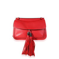 Red Pebbled Calfskin Medium Bamboo Daily Flap Shoulder Bag