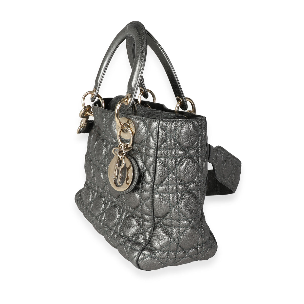 Christian Dior Metallic Silver Supple Cannage Leather Medium Lady Dior Tote Handbag sv
