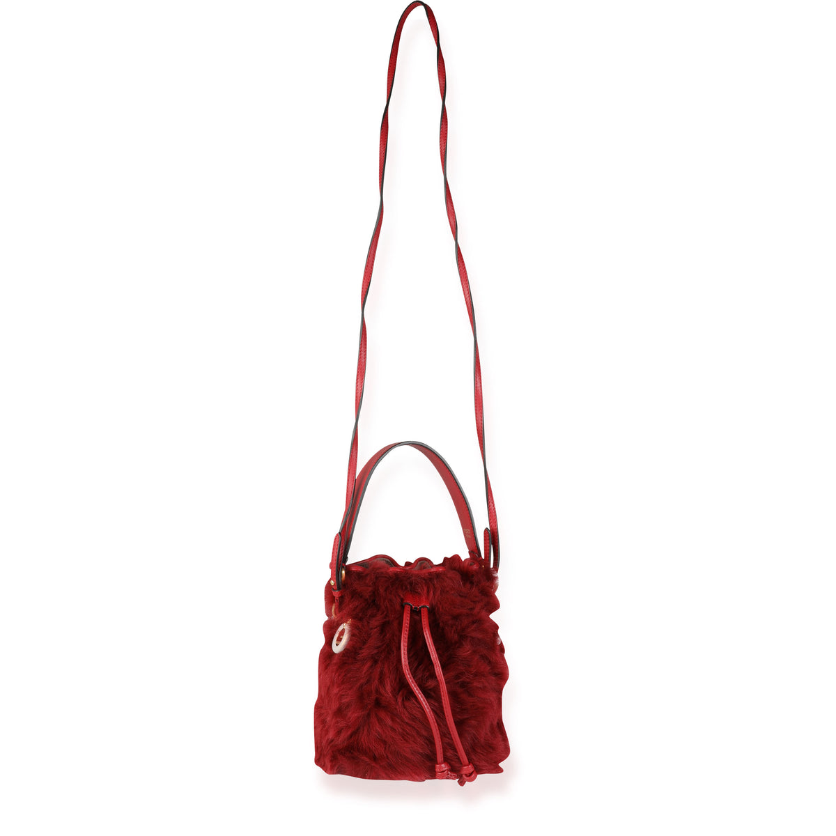 Fendi Red Lamb Fur & Calfskin Leather Mini Mon Trésor Bucket Bag Handbag bv