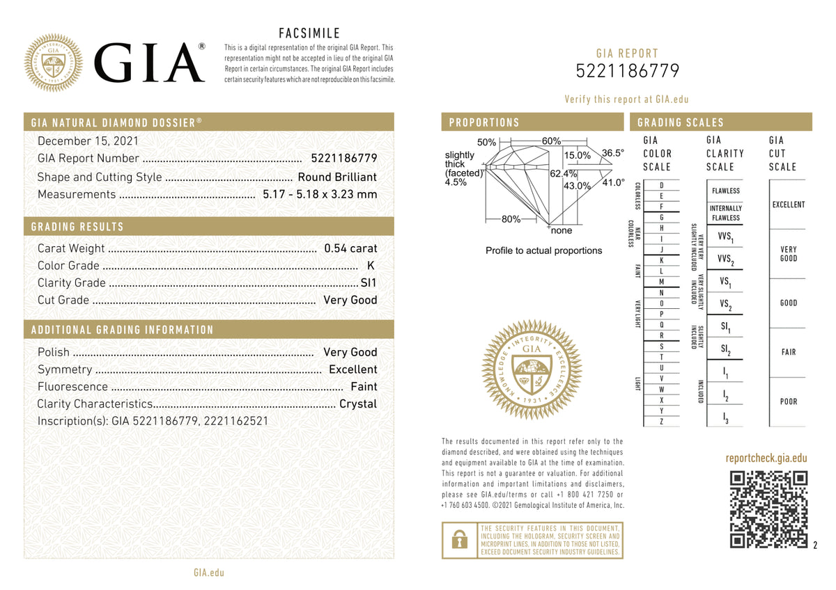 GIA Certified 0.54 Ct Round cut K SI1 Loose Diamond