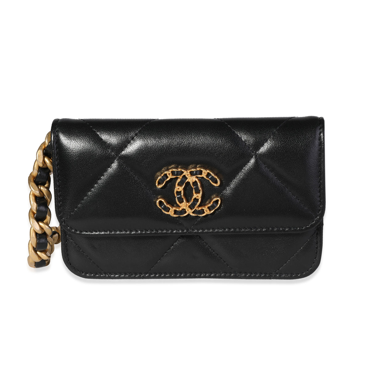 Black Quilted Lambskin Chanel 19 Mini Coin Purse With Chain