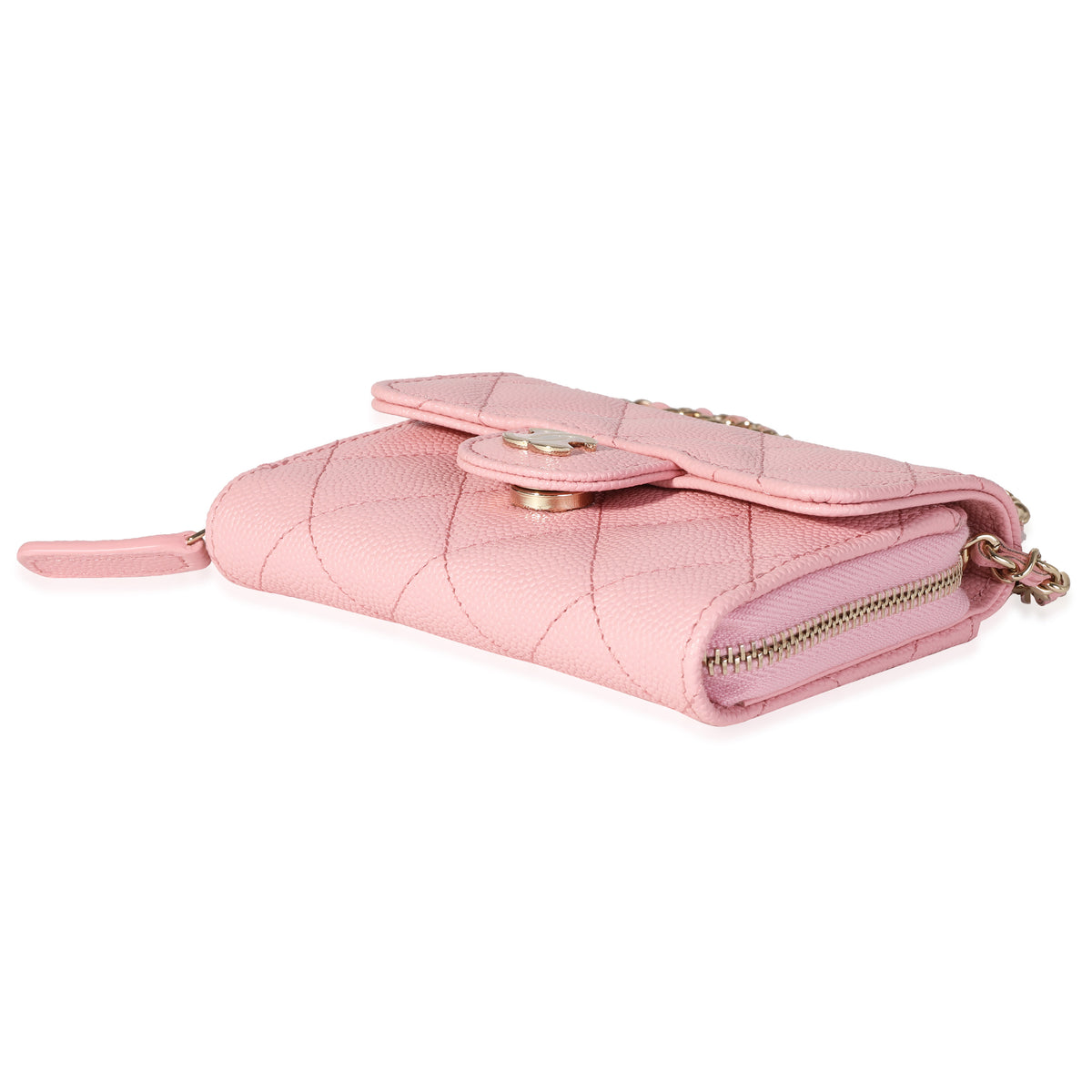 Pink Quilted Caviar Compact Wallet On Chain