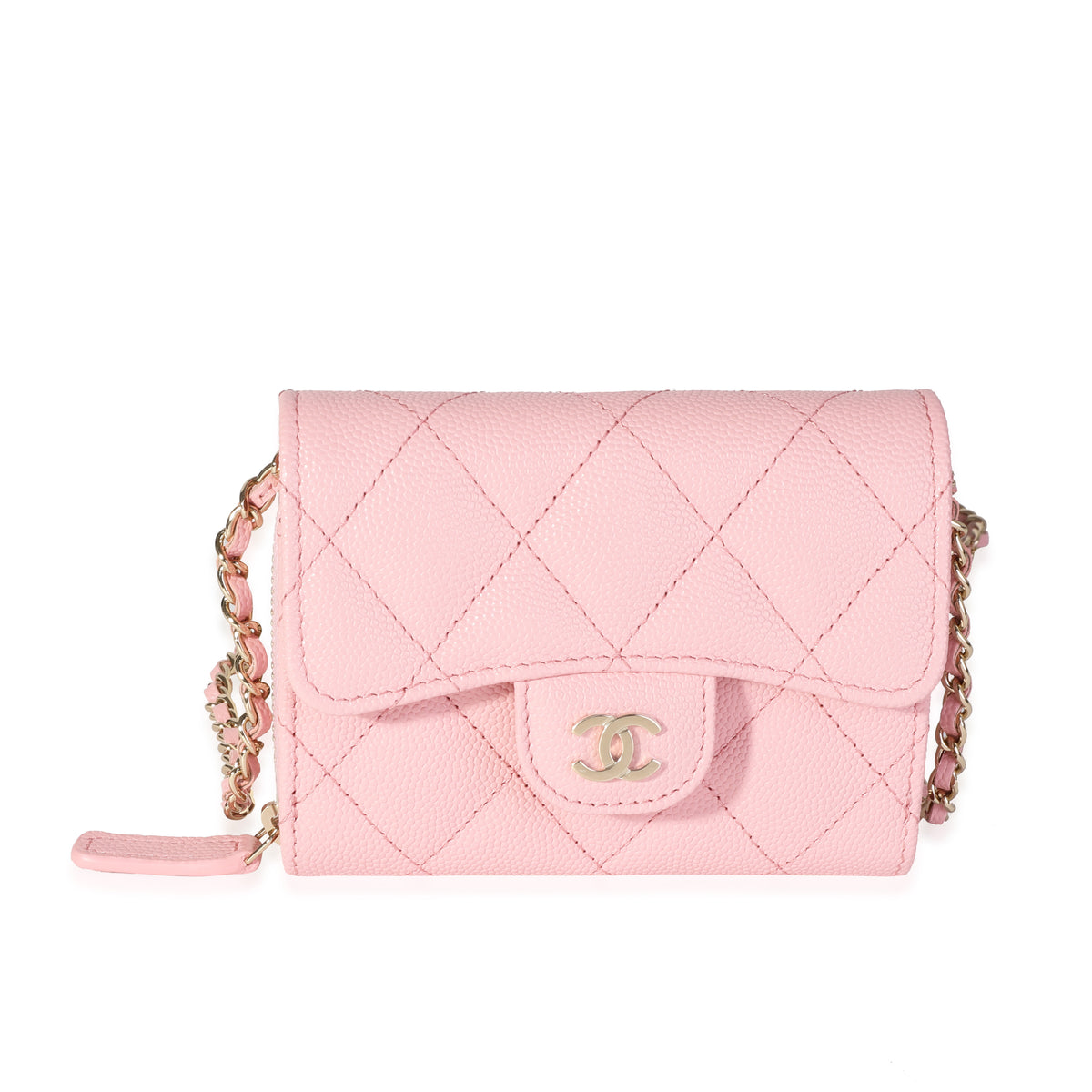 Pink Quilted Caviar Compact Wallet On Chain