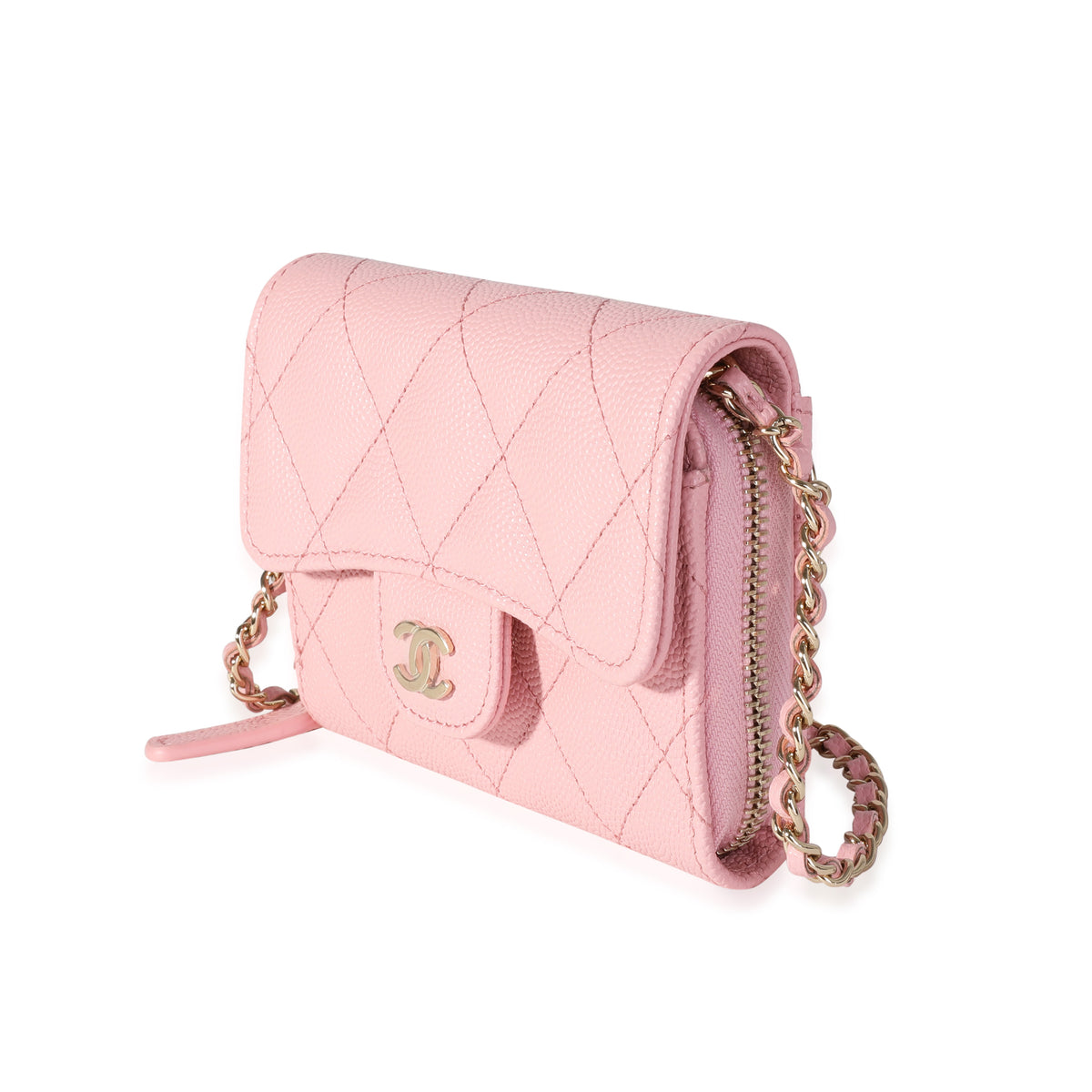 Pink Quilted Caviar Compact Wallet On Chain