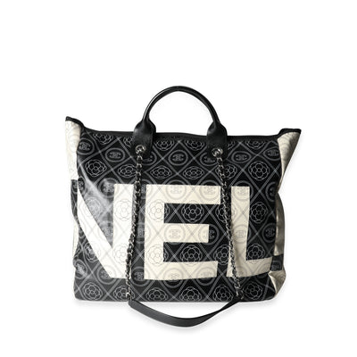 Chanel Black and Beige Coated Canvas and Leather Camellia & CC Print Shopper Tot Handbag fv