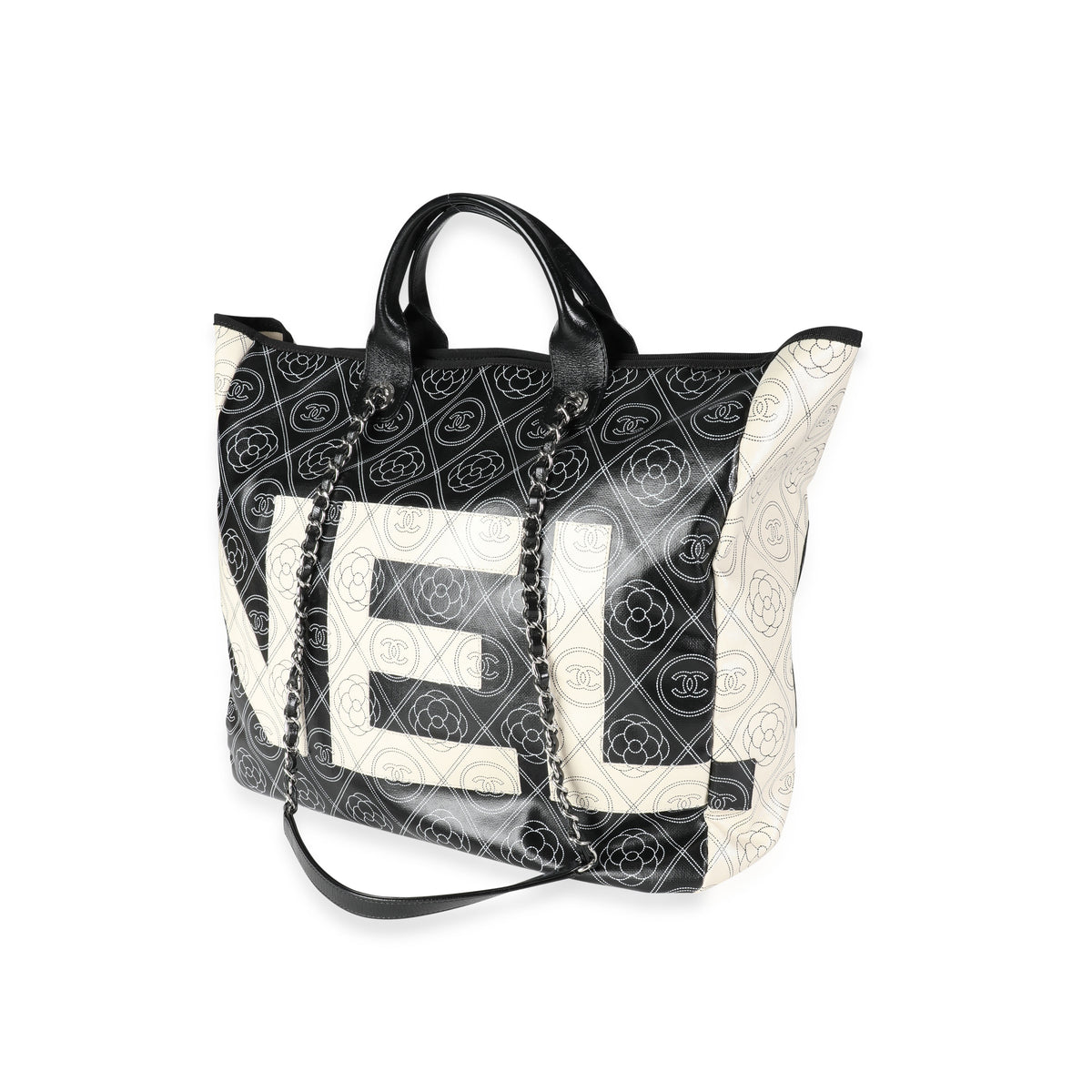Chanel Black and Beige Coated Canvas and Leather Camellia & CC Print Shopper Tot Handbag sv