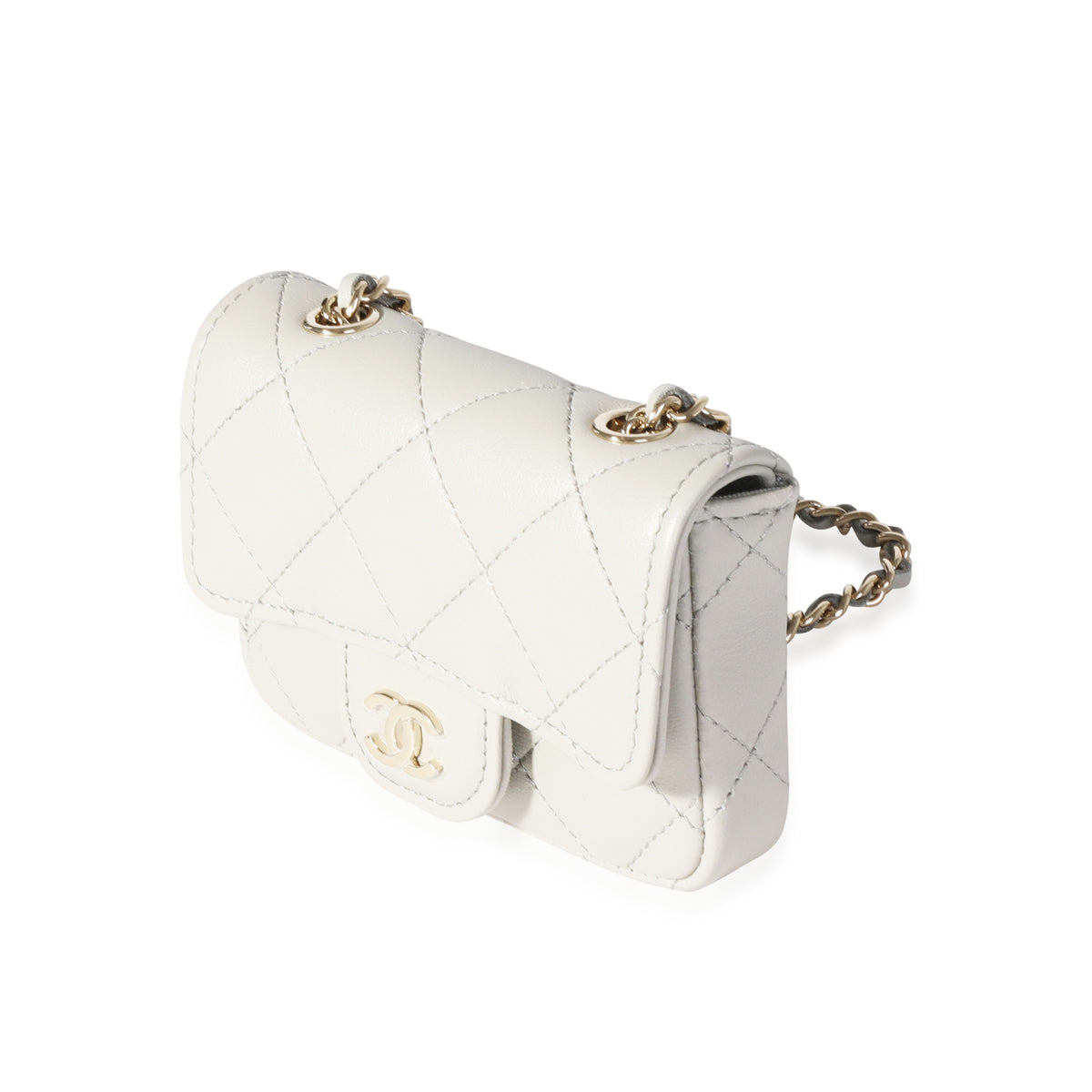 Grey Quilted Lambskin Mini Chain Belt Bag