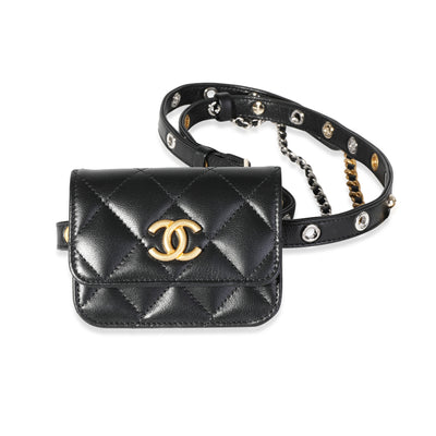 Black Quilted Goatskin Punk Chain Mini Belt Bag