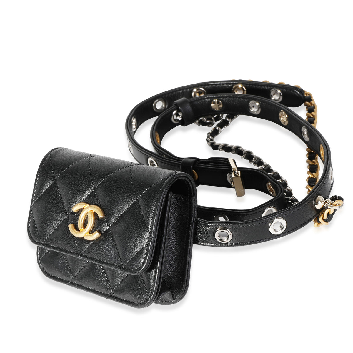 Black Quilted Goatskin Punk Chain Mini Belt Bag