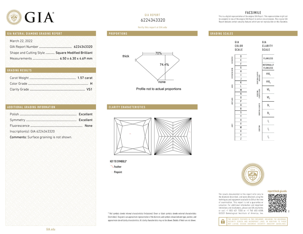 GIA Certified 1.57 Ct Princess cut H VS1 Loose Diamond