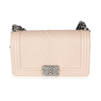 Chanel Light Beige Chevron Quilted Lambskin Medium Boy Bag Handbag fv