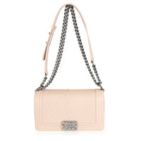 Light Beige Chevron Quilted Lambskin Medium Boy Bag