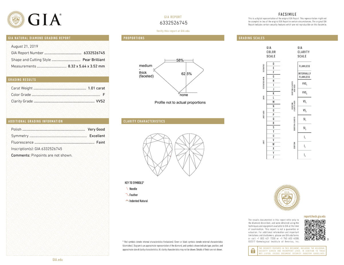 GIA Certified 1.01 Ct Pear cut F VVS2 Loose Diamond