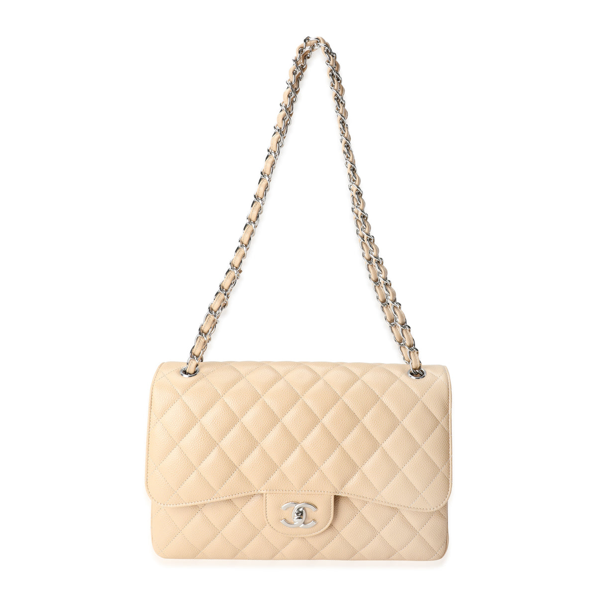 Beige Quilted Caviar Jumbo Classic Double Flap Handbag
