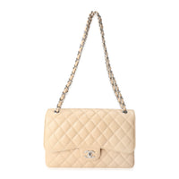 Beige Quilted Caviar Jumbo Classic Double Flap Handbag
