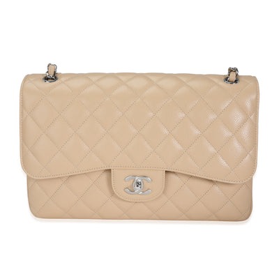 Beige Quilted Caviar Jumbo Classic Double Flap Handbag