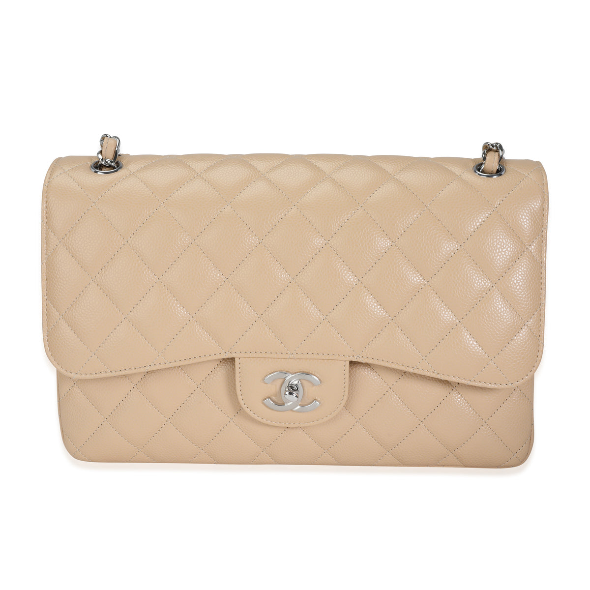 Beige Quilted Caviar Jumbo Classic Double Flap Handbag