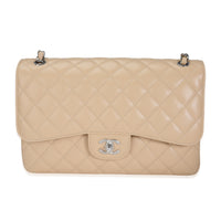 Beige Quilted Caviar Jumbo Classic Double Flap Handbag