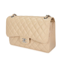 Beige Quilted Caviar Jumbo Classic Double Flap Handbag