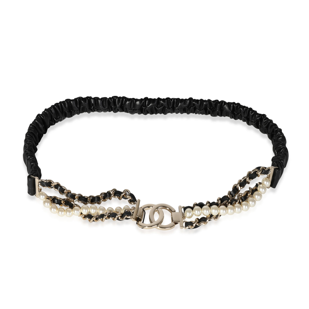 Black Leather Faux Pearl & Chain-Link Belt 75/30
