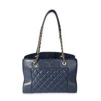 Navy Quilted Leather Mademoiselle Vintage Shopping Tote