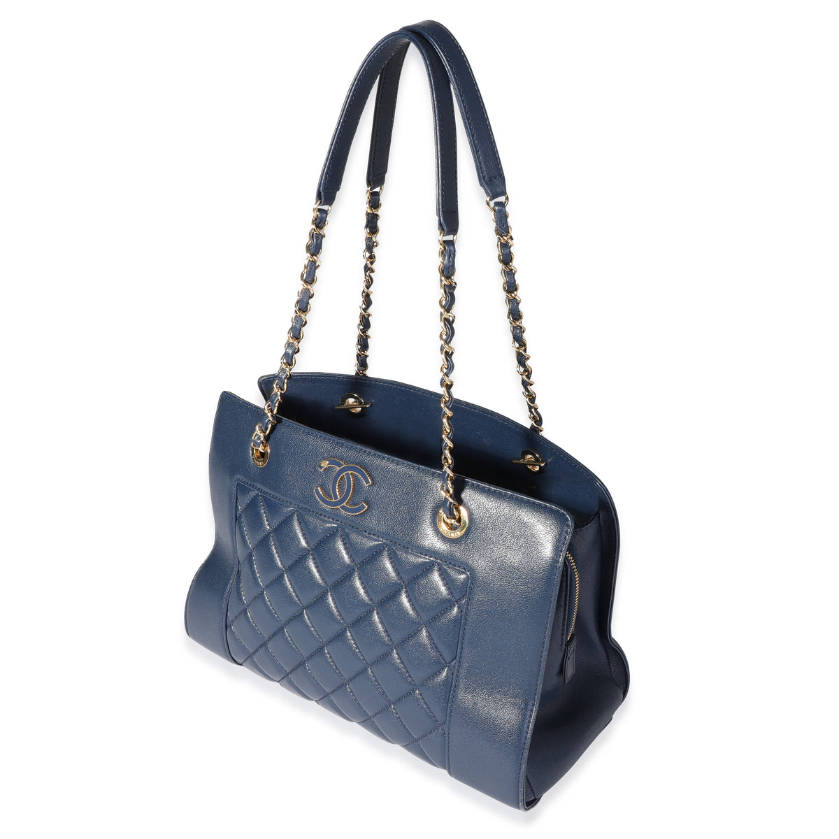 Navy Quilted Leather Mademoiselle Vintage Shopping Tote