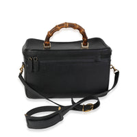 Vintage Black Textured Leather Bamboo Handle Vanity Bag