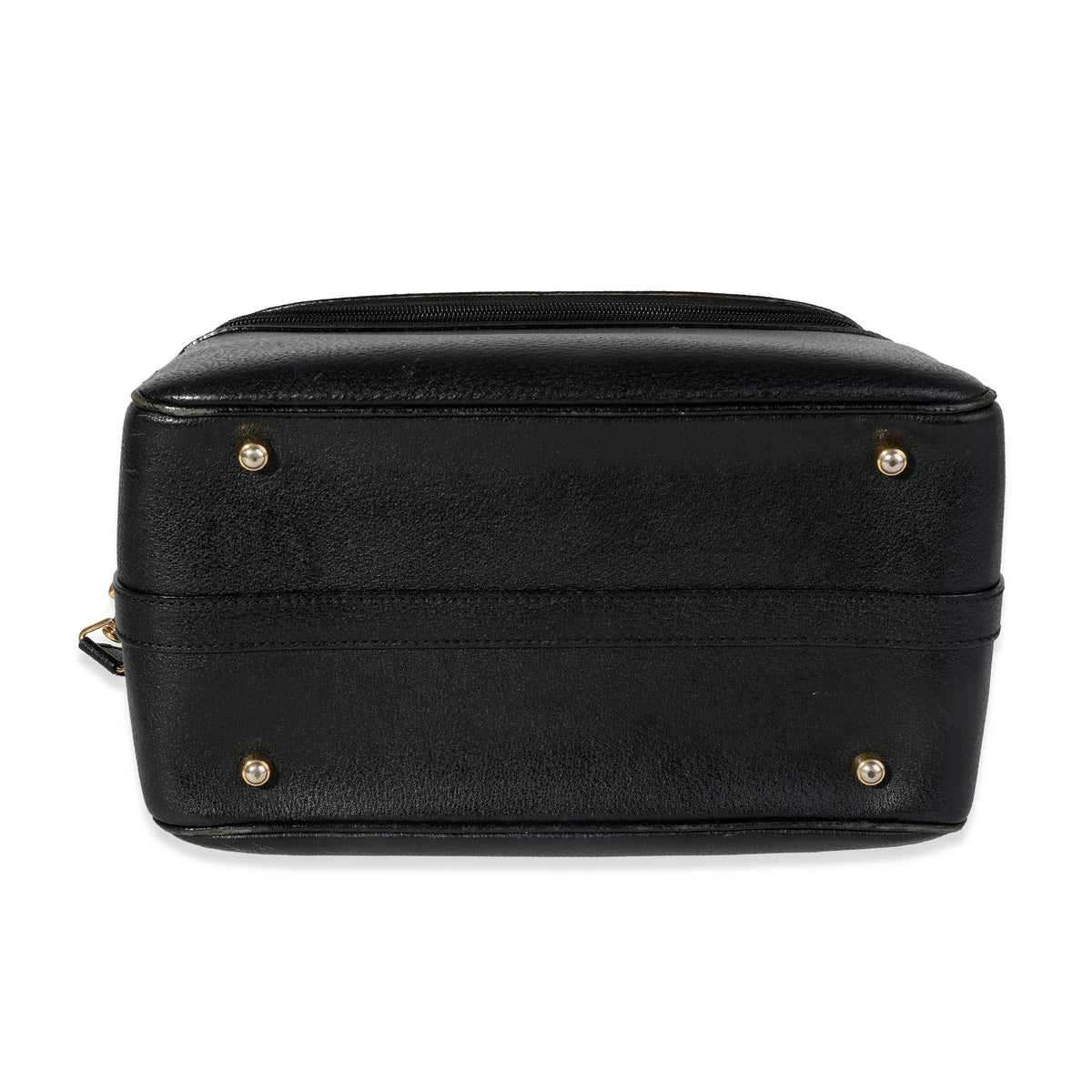 Vintage Black Textured Leather Bamboo Handle Vanity Bag