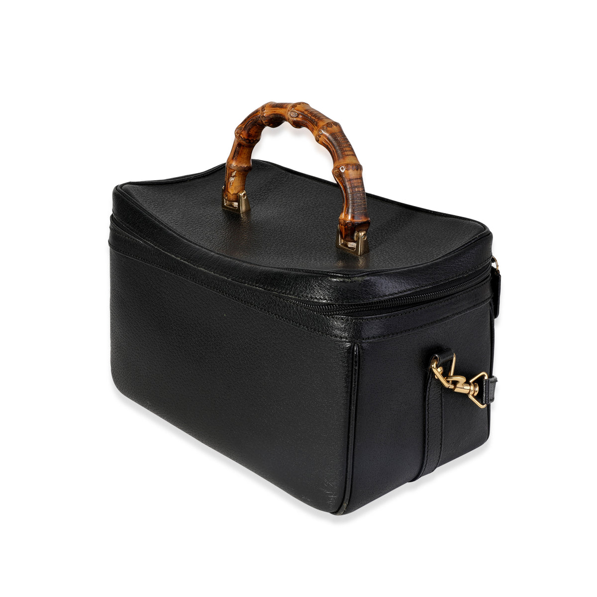 Vintage Black Textured Leather Bamboo Handle Vanity Bag