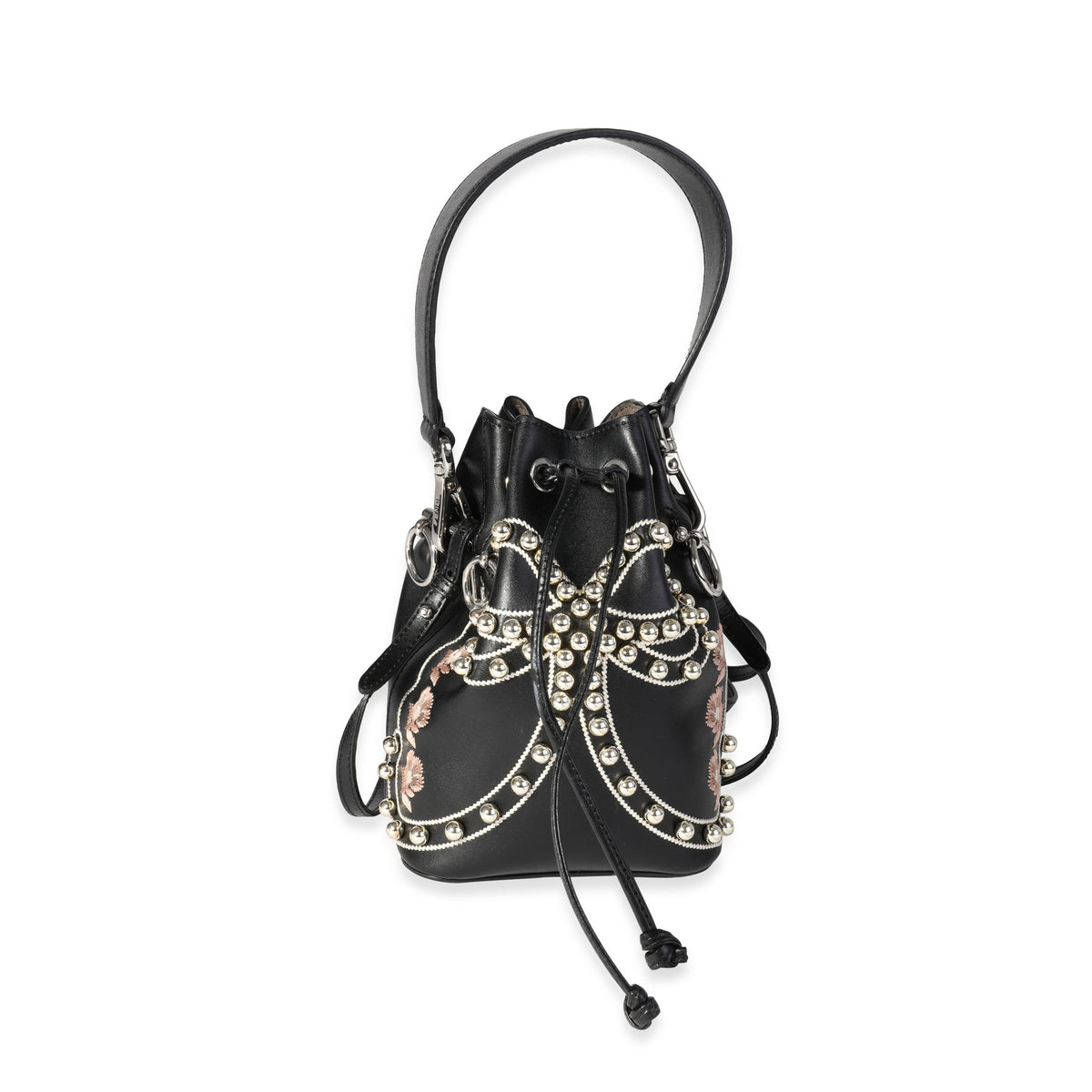 Fendi Black Leather Studded Bow Mon Tresor Bucket Bag Handbag fv
