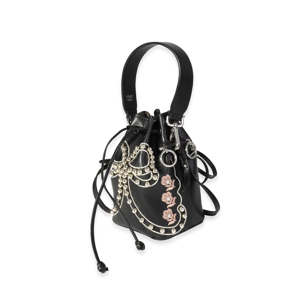 Fendi Black Leather Studded Bow Mon Tresor Bucket Bag Handbag sv