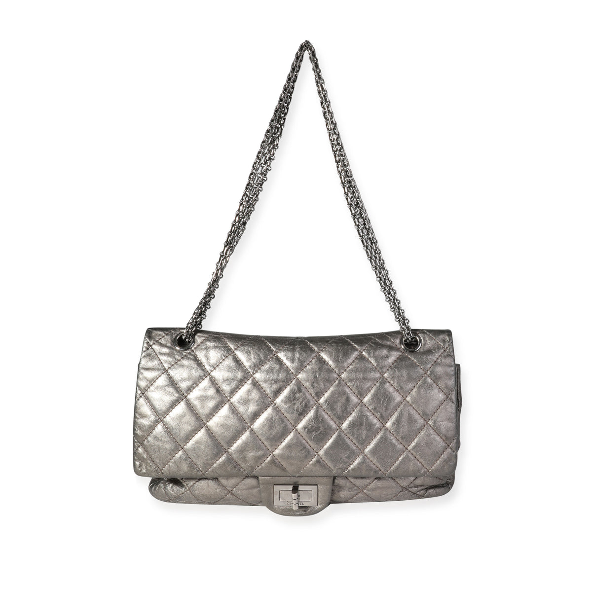 Chanel Metallic Pewter Crinkle Lambskin Reissue 2.25 227 Double Flap Bag Handbag bv