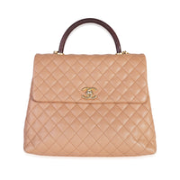 Beige Quilted Caviar & Burgundy Lizard Large Coco Handle Flap Bag