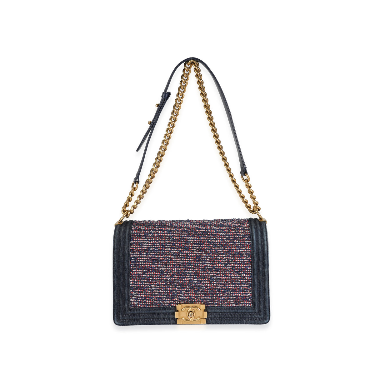 Chanel Blue Denim & Multicolor Boucle New Medium Boy Bag Handbag bv