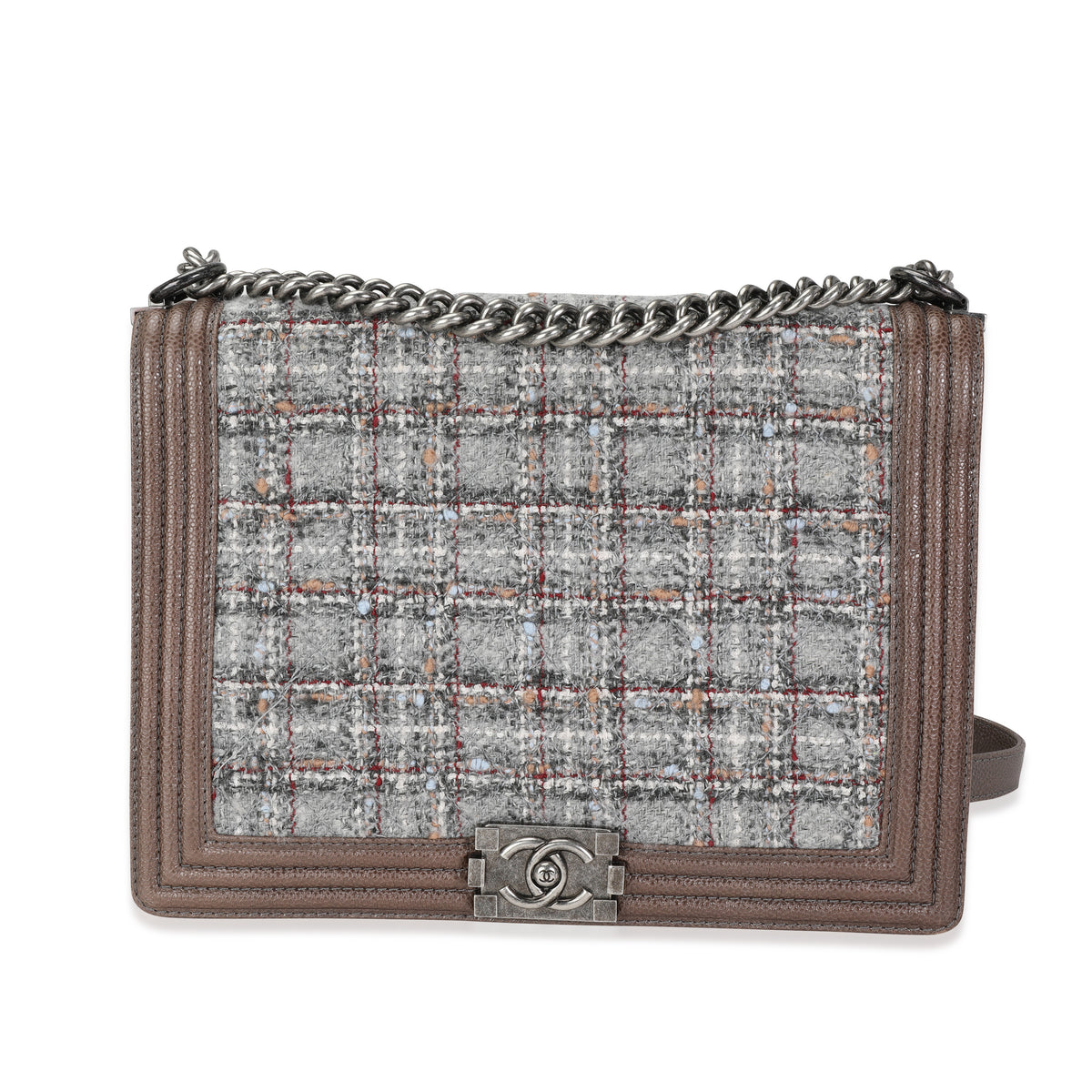 Chanel Taupe and Multicolor Tweed Caviar Large Boy Handbag Handbag fv