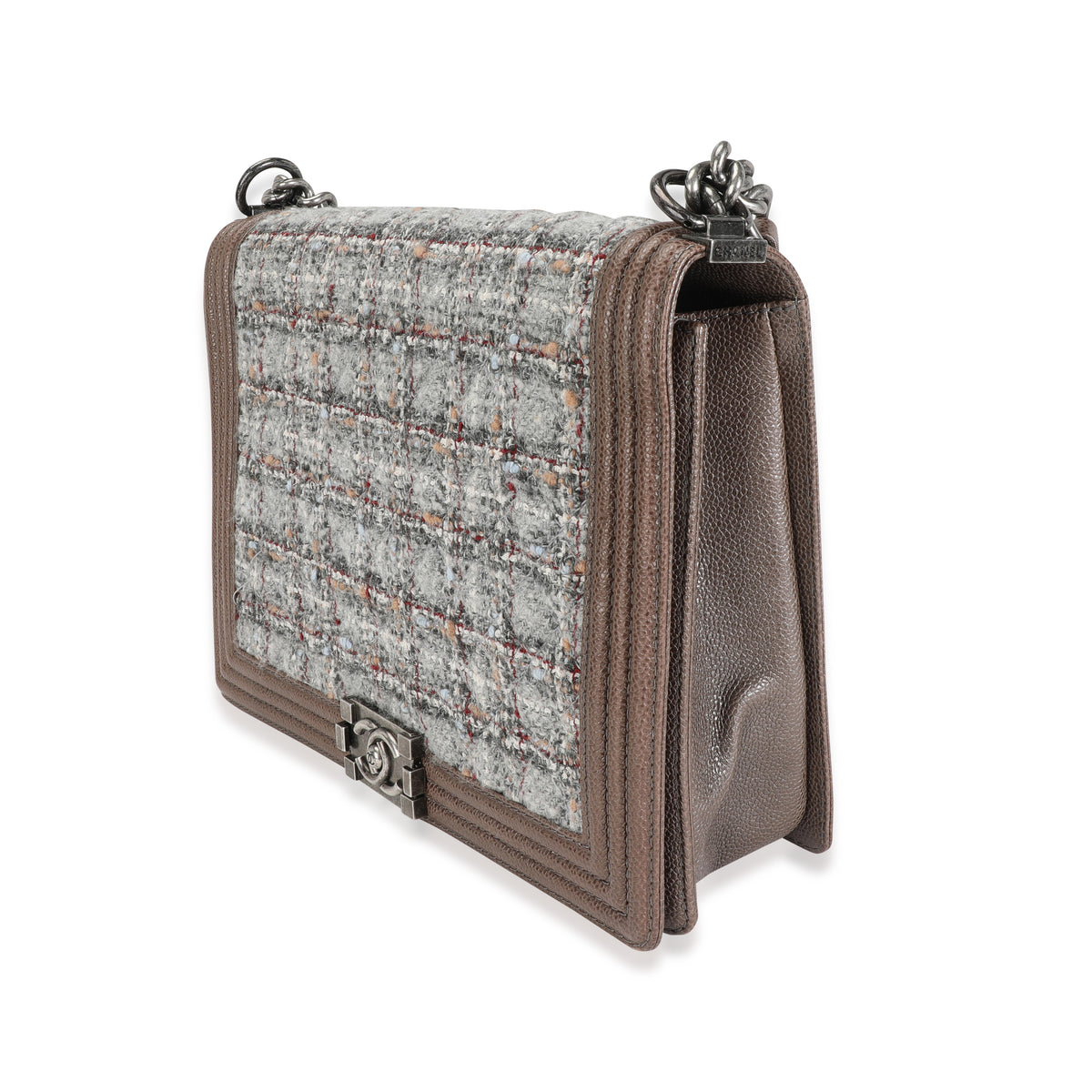 Chanel Taupe and Multicolor Tweed Caviar Large Boy Handbag Handbag pv