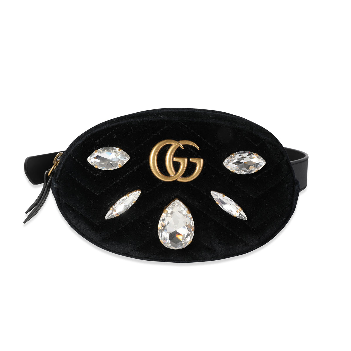 Gucci Black Matelassé Velvet & Black Leather Crystal Marmont Belt Bag 85