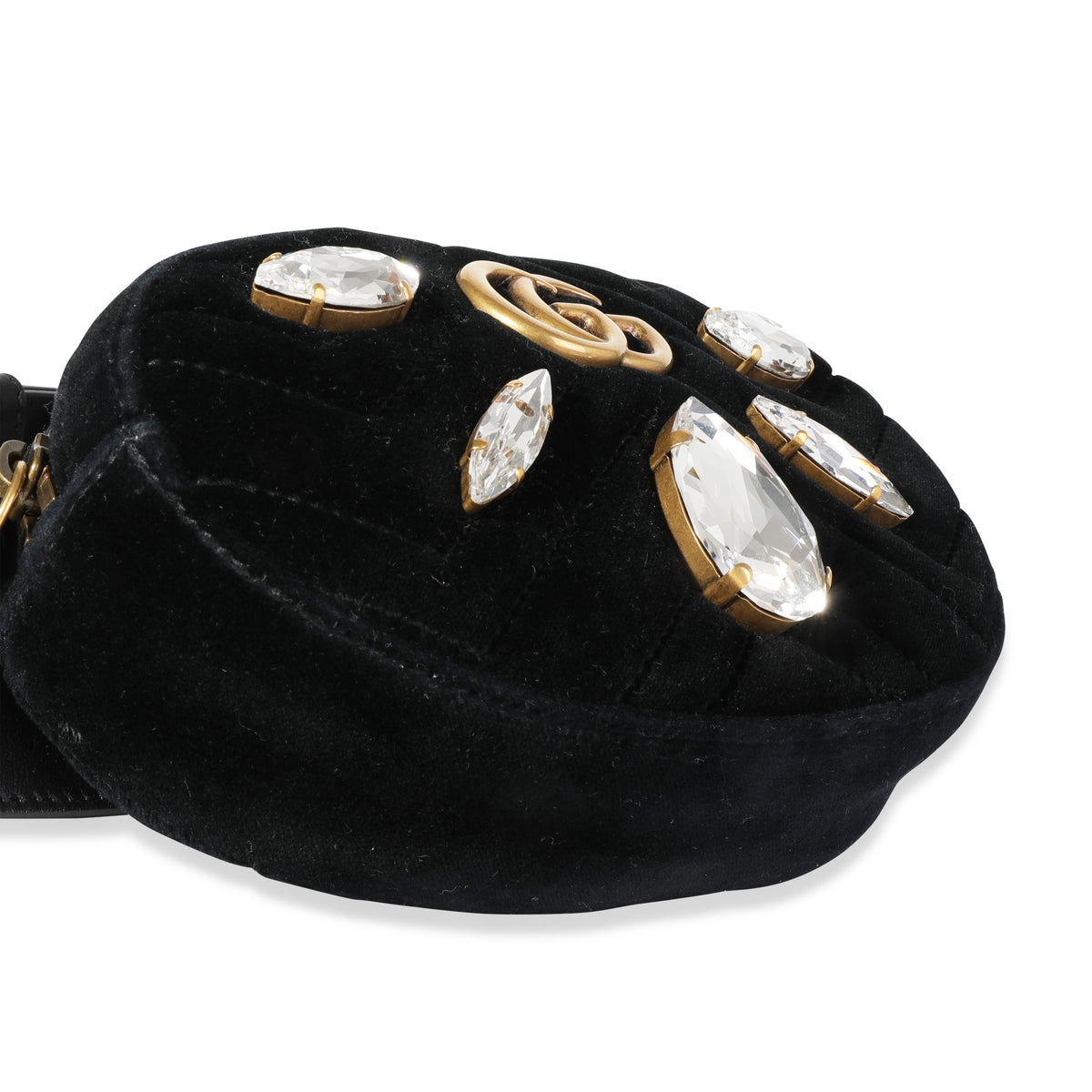 Gucci Black Matelassé Velvet & Black Leather Crystal Marmont Belt Bag 85