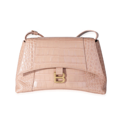 Beige Croc Embossed Hourglass Downtown Shoulder Bag