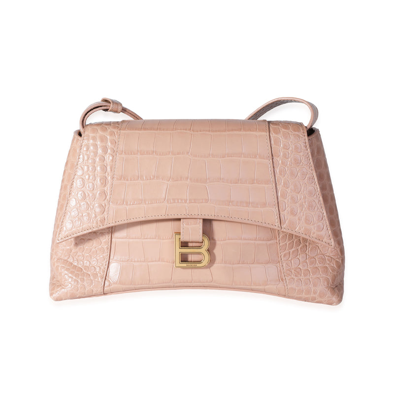 Beige Croc Embossed Hourglass Downtown Shoulder Bag