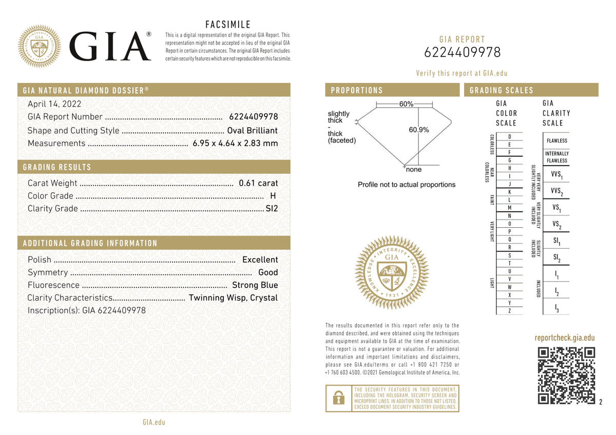 GIA Certified 0.61 Ct Oval cut H SI2 Loose Diamond