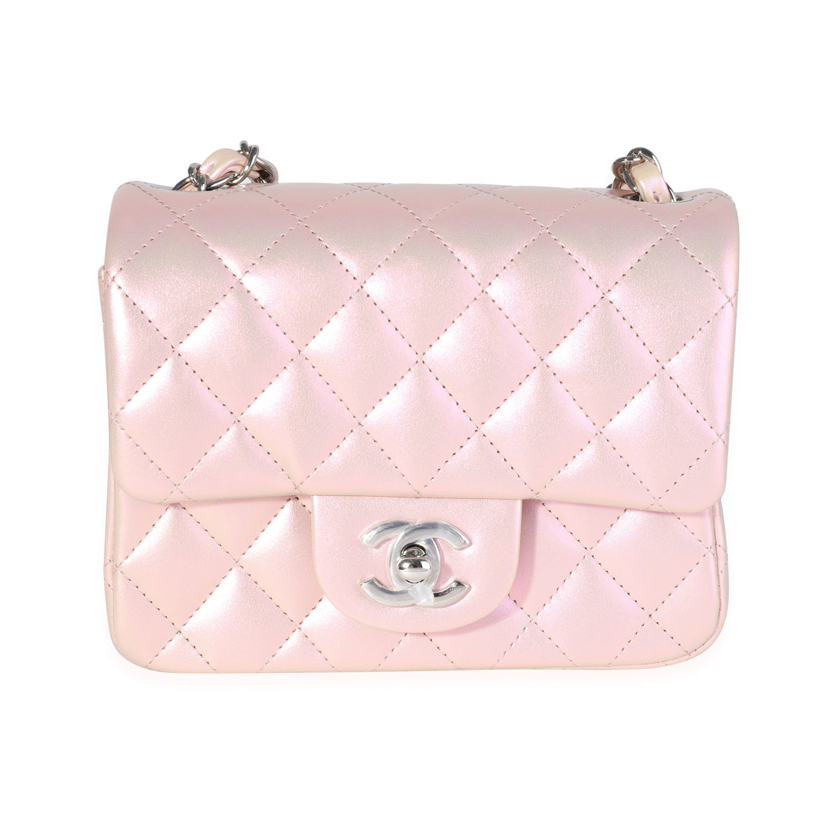 Pink Iridescent Quilted Calfskin Square Mini Classic Flap Bag