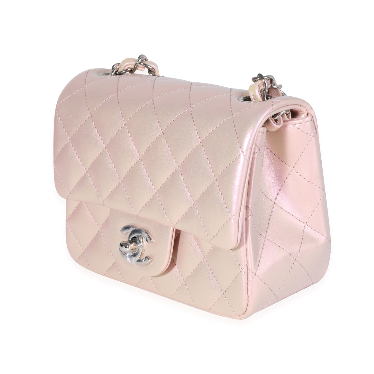 Pink Iridescent Quilted Calfskin Square Mini Classic Flap Bag