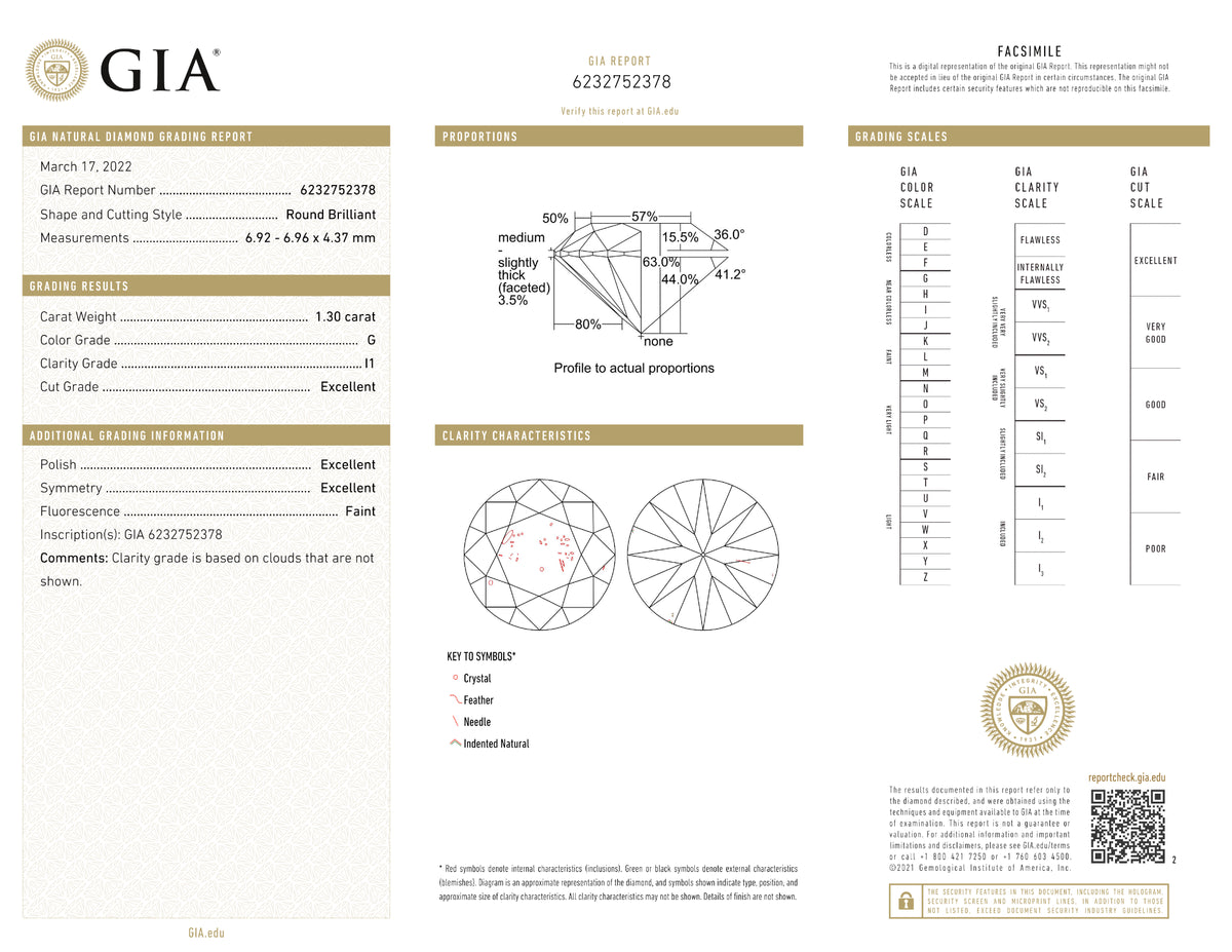 GIA Certified 1.30 Ct Round cut G I1 Loose Diamond