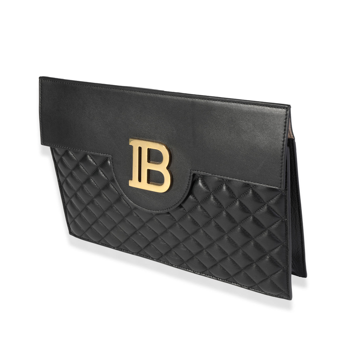 Black Quilted Lambskin B Pouch Logo Clutch