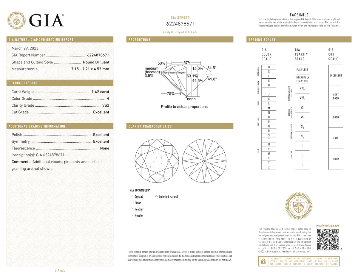 GIA Certified 1.42 Ct Round cut H VS2 Loose Diamond