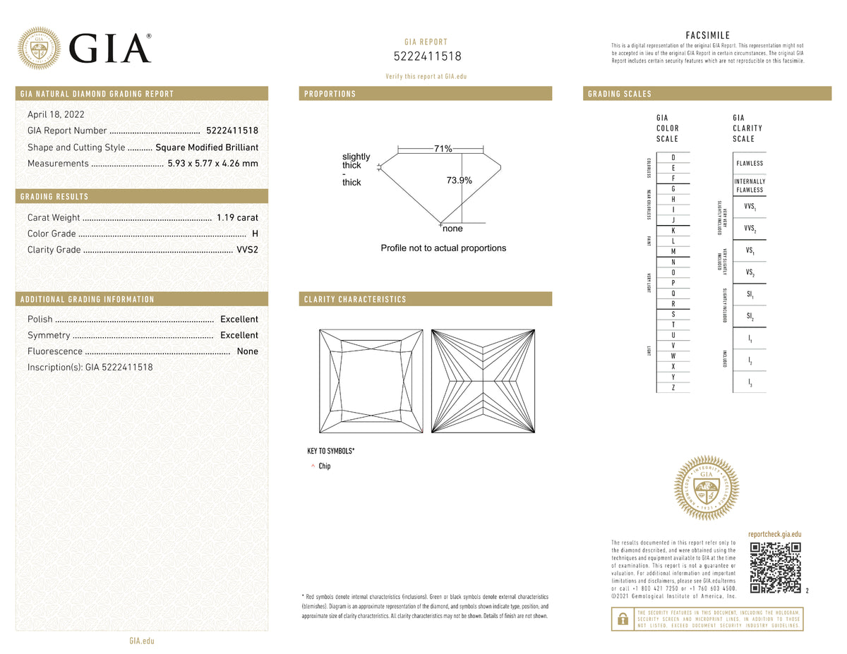 GIA Certified 1.19 Ct Princess cut H VVS2 Loose Diamond